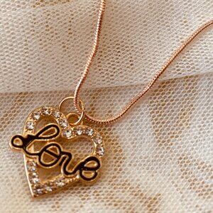 Beautiful Goldtone Rhinestone Heart with Cursive Love Lettering Pendant Necklace